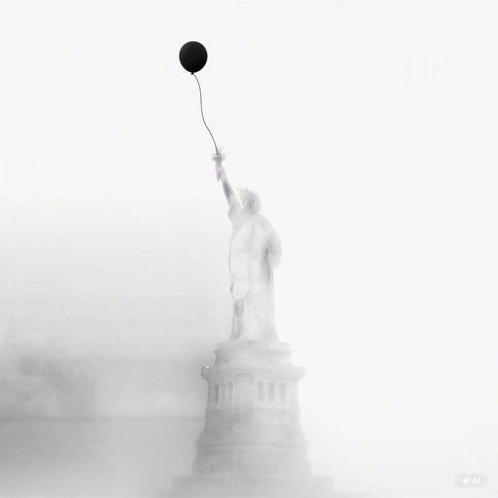 La statue de la liberté dans la brume avec ballon noir