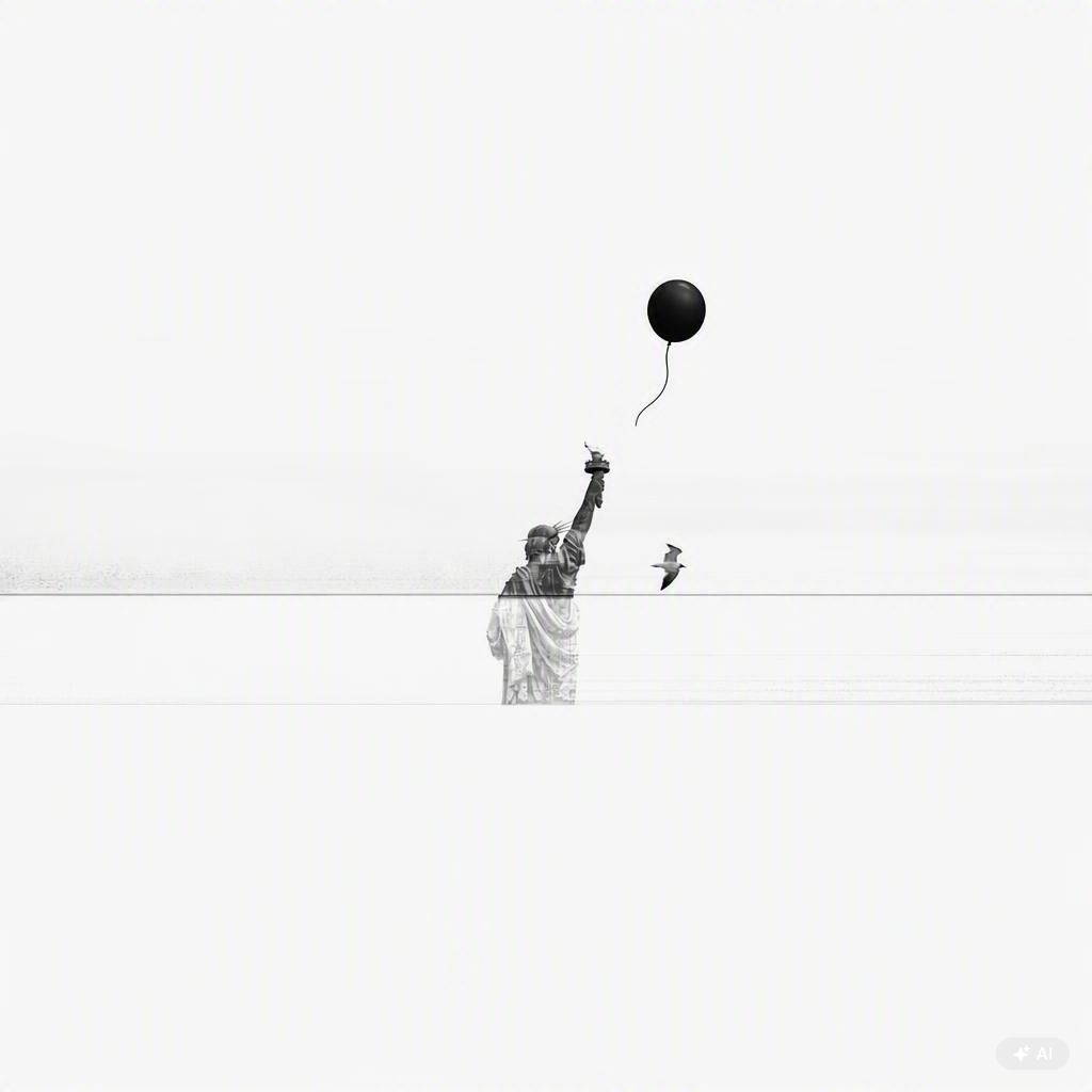 La statue de la liberté avec un ballon noir, vue avec mouette